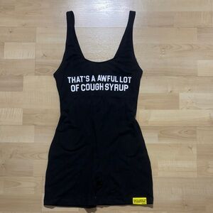 Black Graphic Scoop Neck Bodysuit with White Slogan